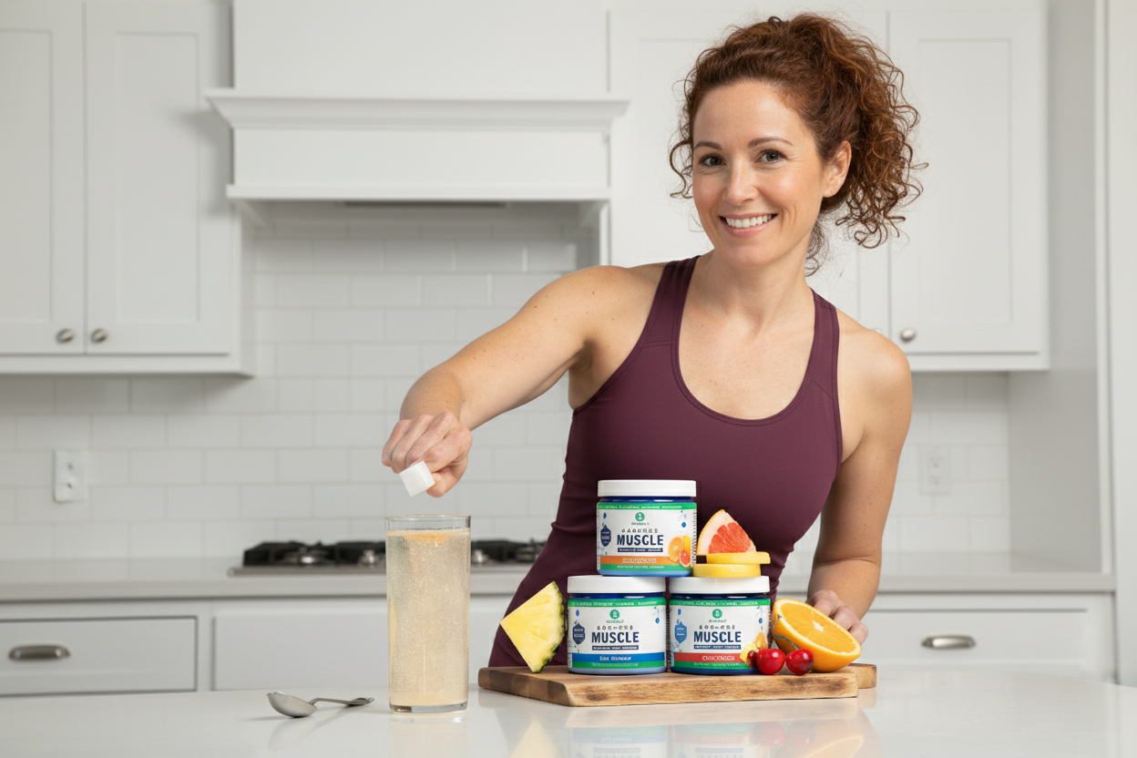 A smiling, fit, and attractive woman in a maroon tank top is in a modern white kitchen. She is holding a small scoop of powder over a glass of water with a slice of lemon. A wooden tray in front of her has three jars of Ageless Muscle powder, and she is surrounded by various fruits including grapefruit, orange, cherries, and pineapple.