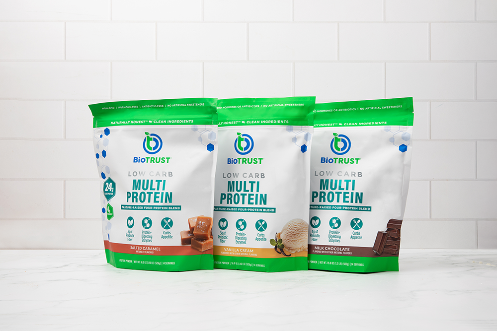 Strawberry Banana Low Carb Protein Powder bag with mixing ingredients