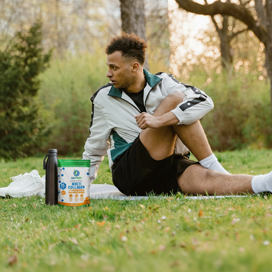 Man stretching by a bag of AMC +Turmeric