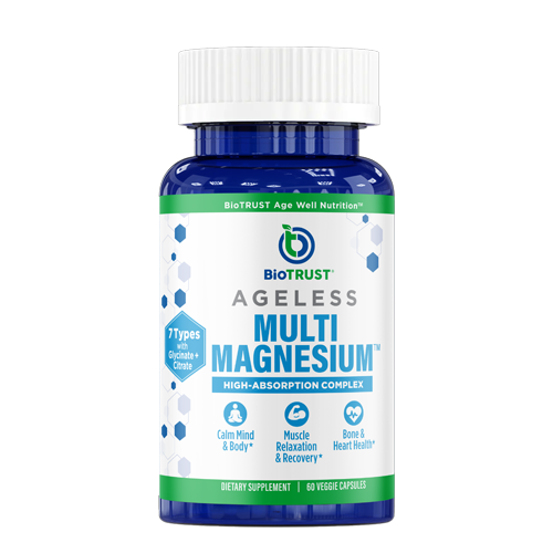 Bottle of BioTrust Ageless Multi Magnesium supplement on a white background