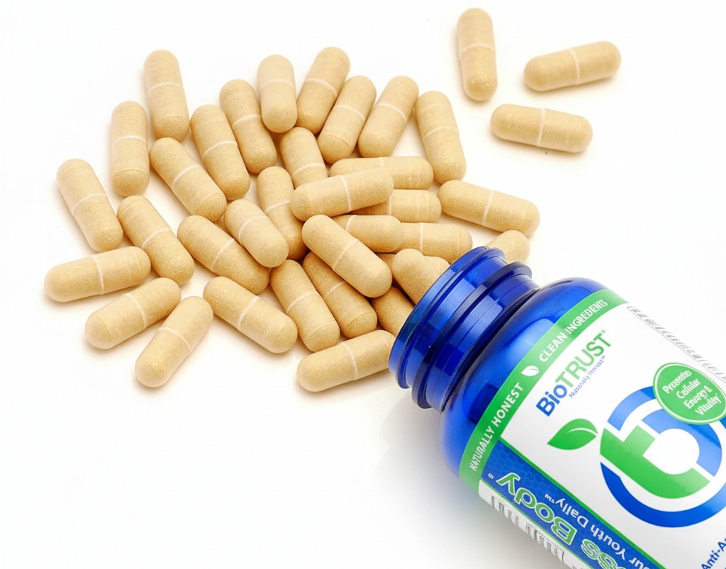 Vitamins or supplements with a Biotrust container on a white background