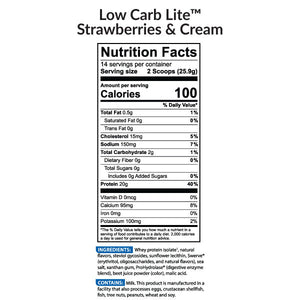 Low Carb Lite Protein Powder Strawberries & Cream Nutrition Label