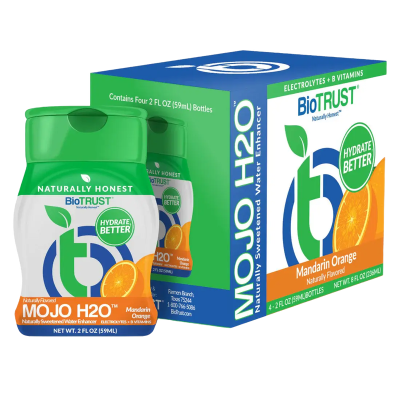 Bottle and packaging of BioTrust Mojo H2O Mandarin Orange flavor on a white background